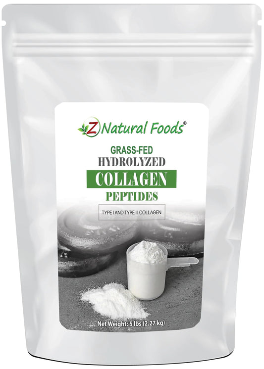 Z Natural Foods collagen peptides jar with Type I & III formula for healthy skin and joints.