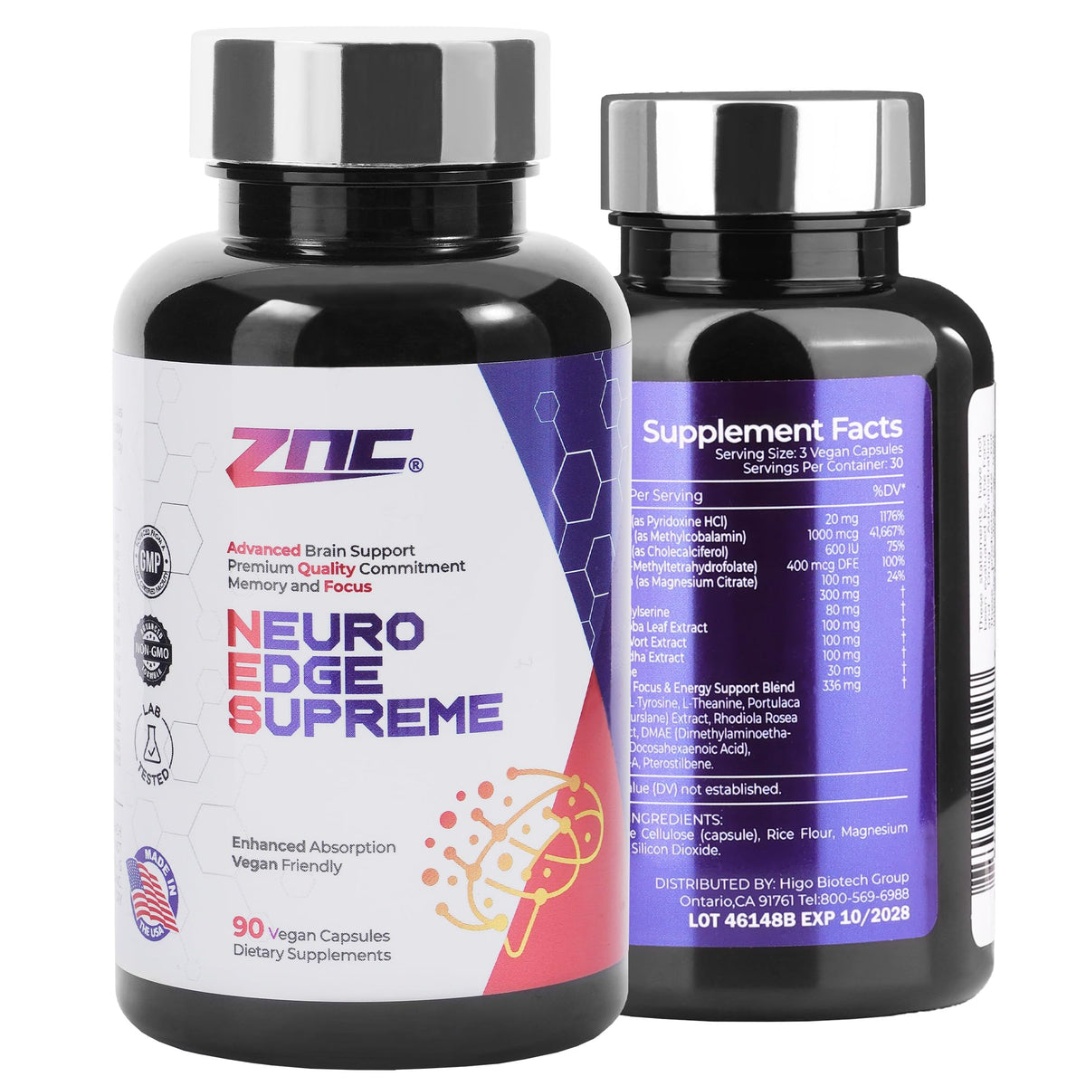 ZNC brain supplement bottle front for memory and focus support.