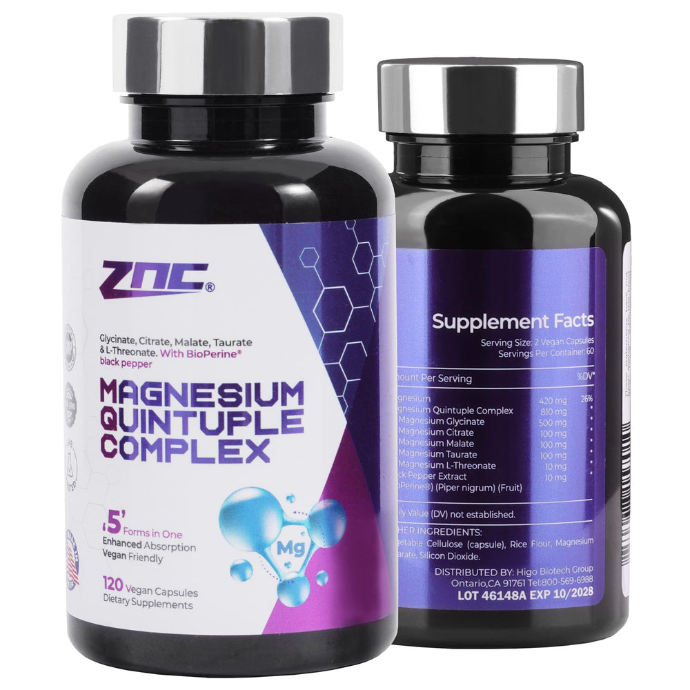 ZNC Magnesium Complex 810mg bottle side view promoting daily energy support.