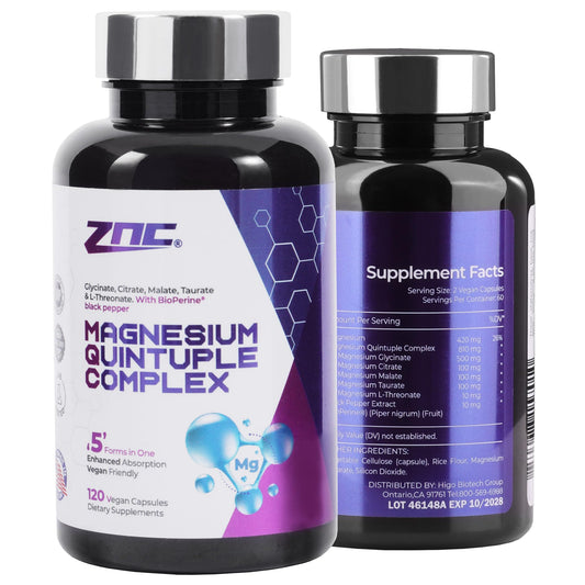 ZNC Magnesium Complex 810mg bottle side view promoting daily energy support.