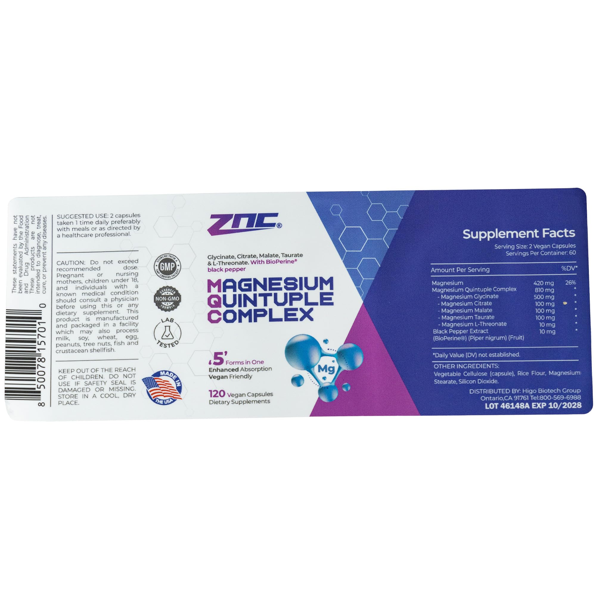 ZNC Magnesium Complex 810mg dosage directions on box.