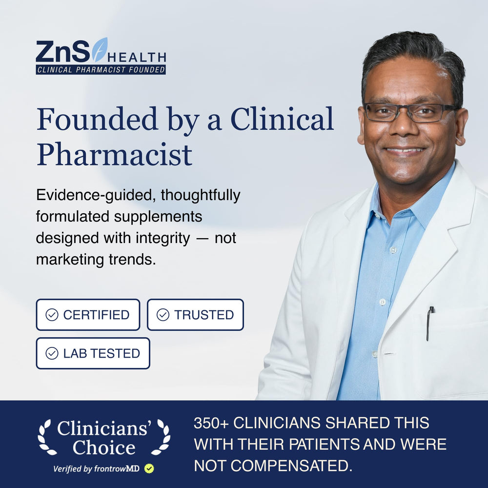 ZnS Health bottle with dosing chart for daily use planning.