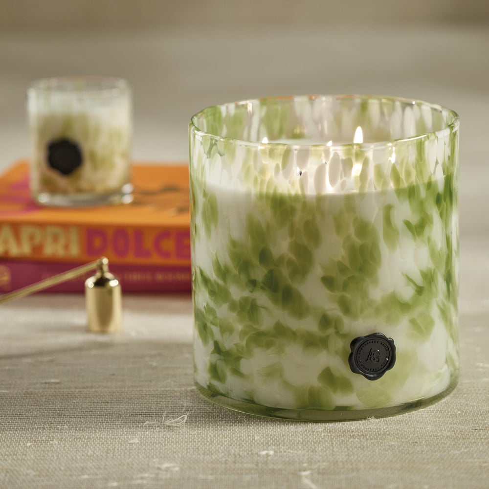 Zodax Apothecary Guild green tortoise glass jar adds Mediterranean charm.