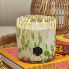Zodax opal glass jar with green tortoise pattern and artisanal detail