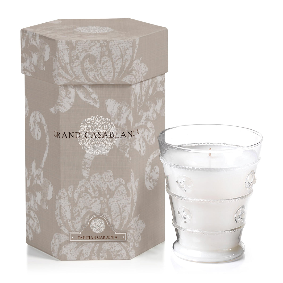Zodax Grand Casablanca glass jar candle with elegant design and Tahitian Gardenia fragrance.