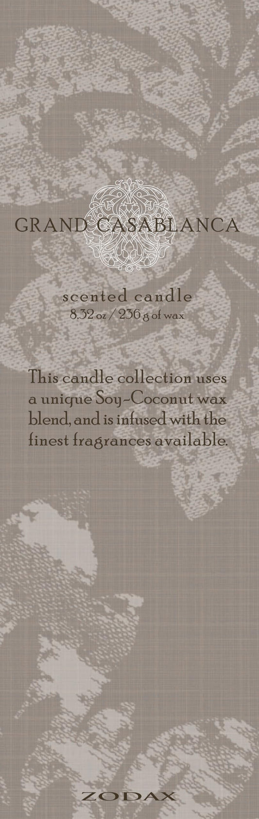 Zodax Grand Casablanca candle close-up shows clean burn and gardenia aroma.