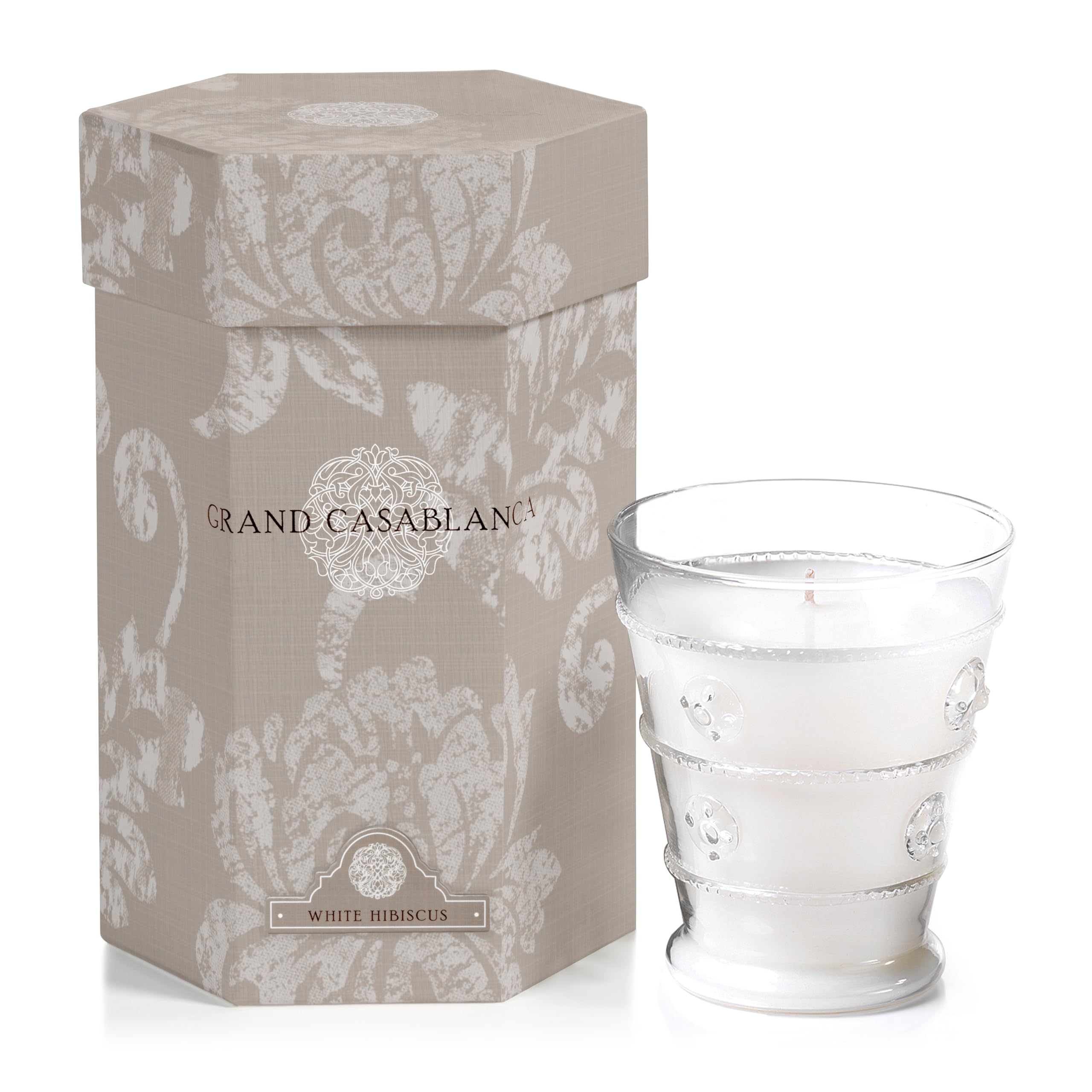 Zodax Grand Casablanca glass jar candle in White Hibiscus offering long-lasting ambiance.