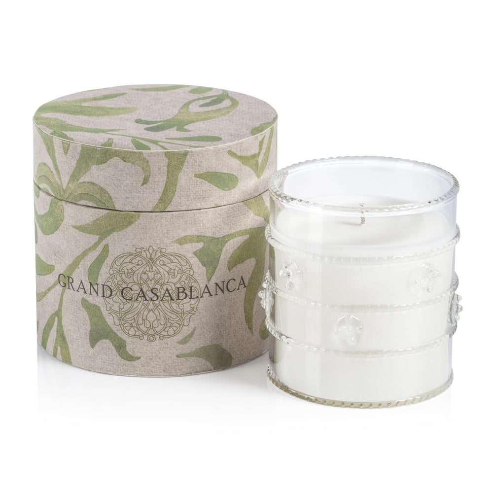 Zodax Grand Casablanca glass jar candle front view with Lily of The Valley for elegant home ambiance