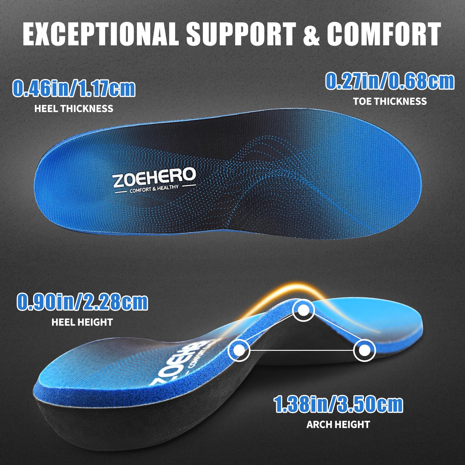 ZOEHERO high-arch support insoles reduce pressure for active daily wear.