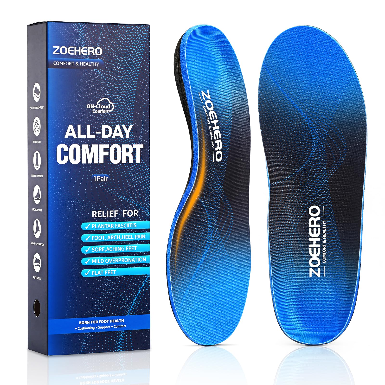 ZOEHERO plantar fasciitis insoles packaging view highlighting compact packaging for everyday use.