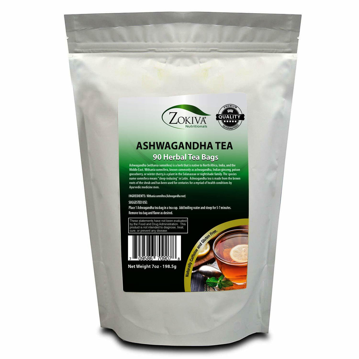 Zokiva Ashwagandha Tea packaging shows organic quality and sustainable sourcing for mindful mornings.