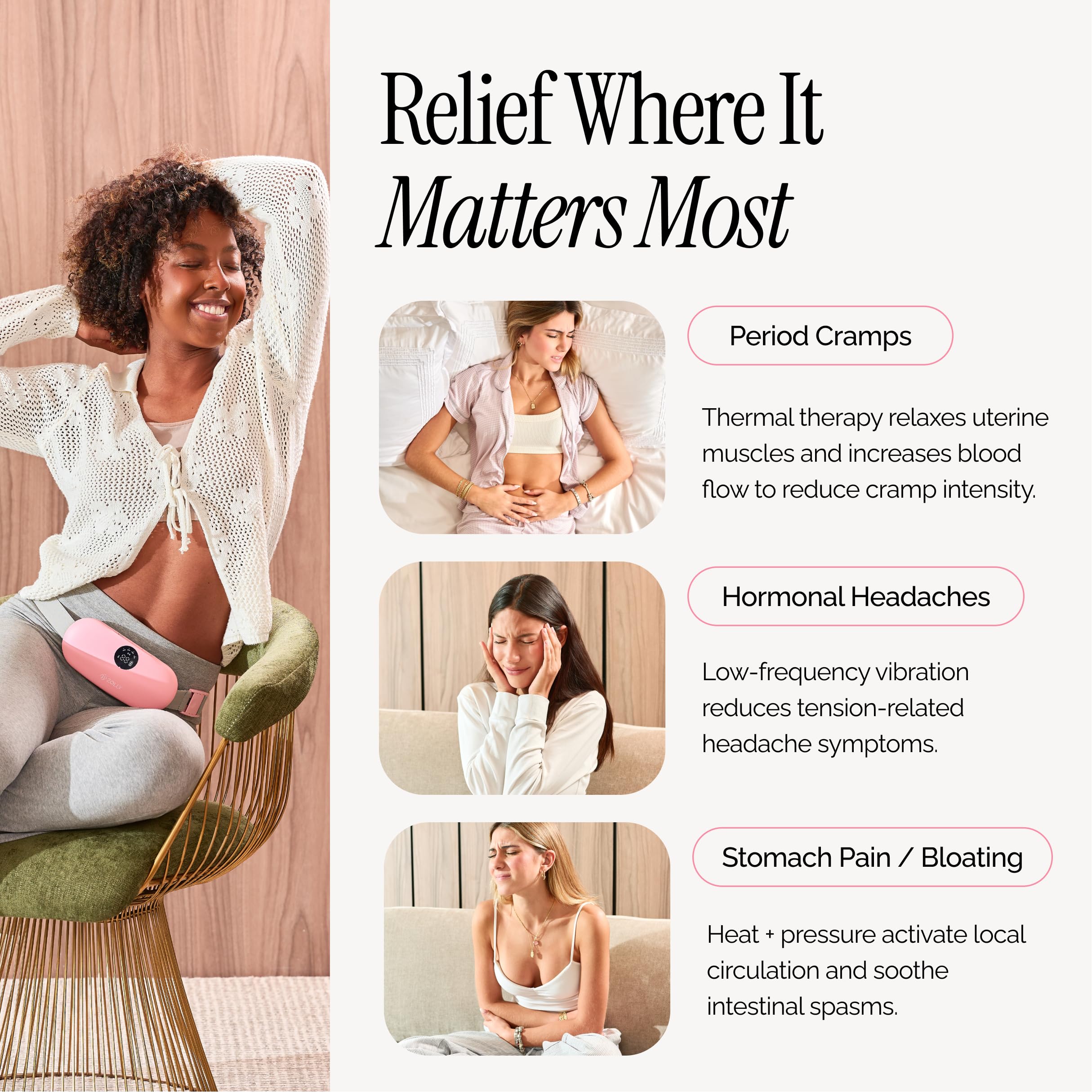 Zolly cordless heating pad in use delivers heat and massage during daily activities
