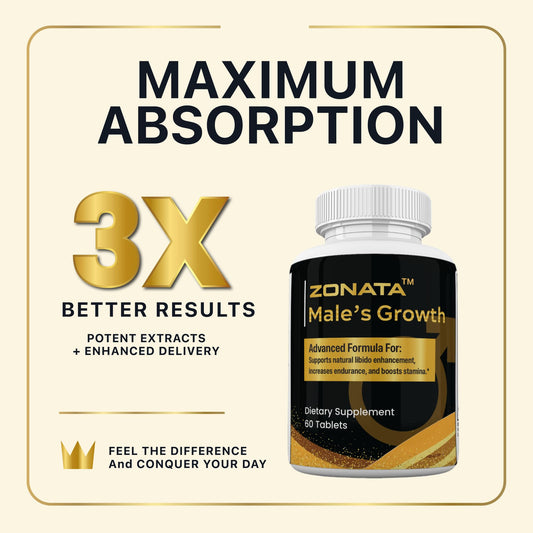 Close-up of Zonata Males tablets highlighting capsules for endurance and vitality.