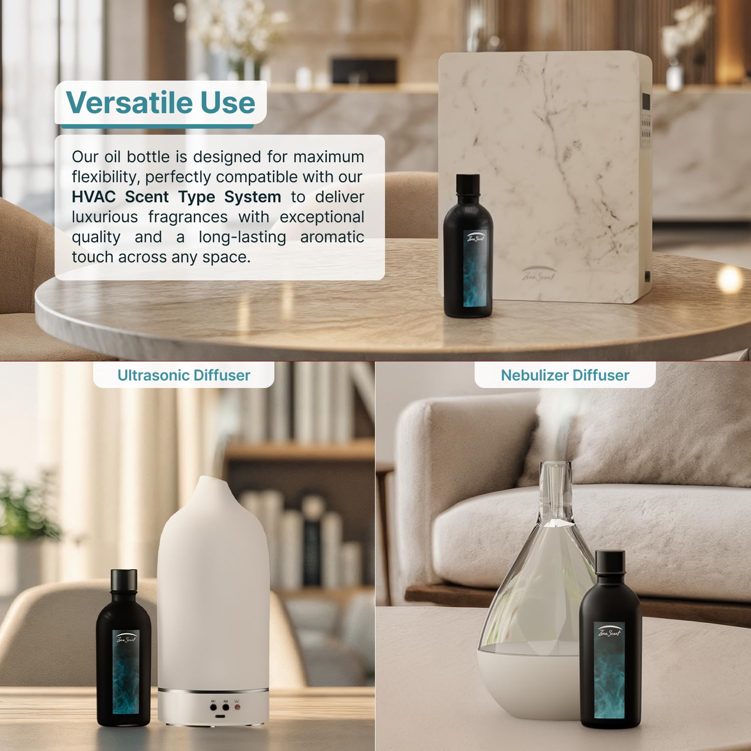 Zone Scent BOMBEI diffuser-compatibility bottle works with ultrasonic and reed diffusers.