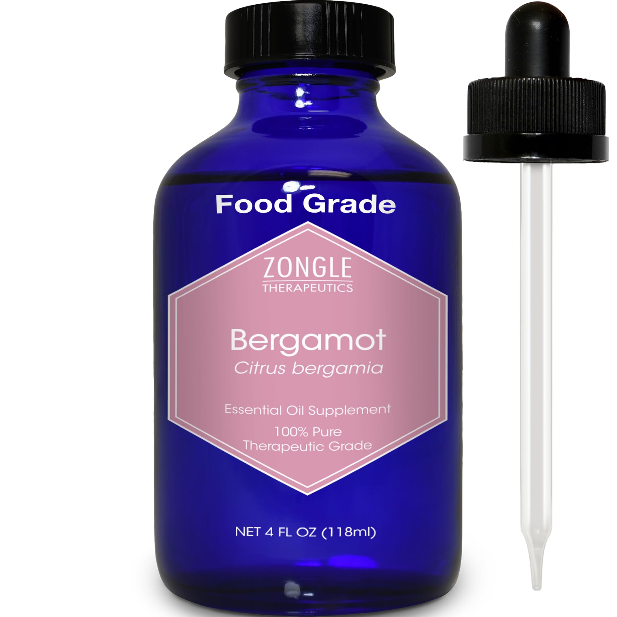 Zongle Therapeutics Bergamot Oil bottle for pure aromatherapy and culinary use.