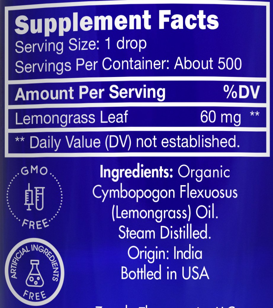 Zongle Therapeutics lemongrass oil label showing organic, edible quality.