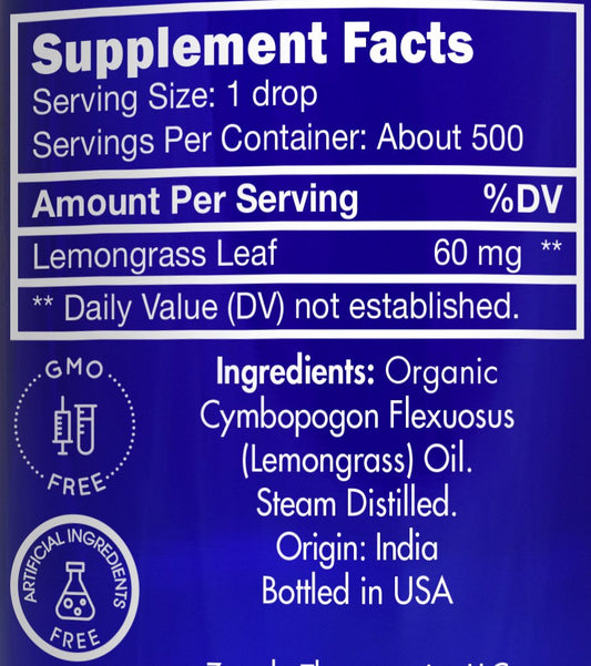 Zongle Therapeutics lemongrass oil label showing organic, edible quality.