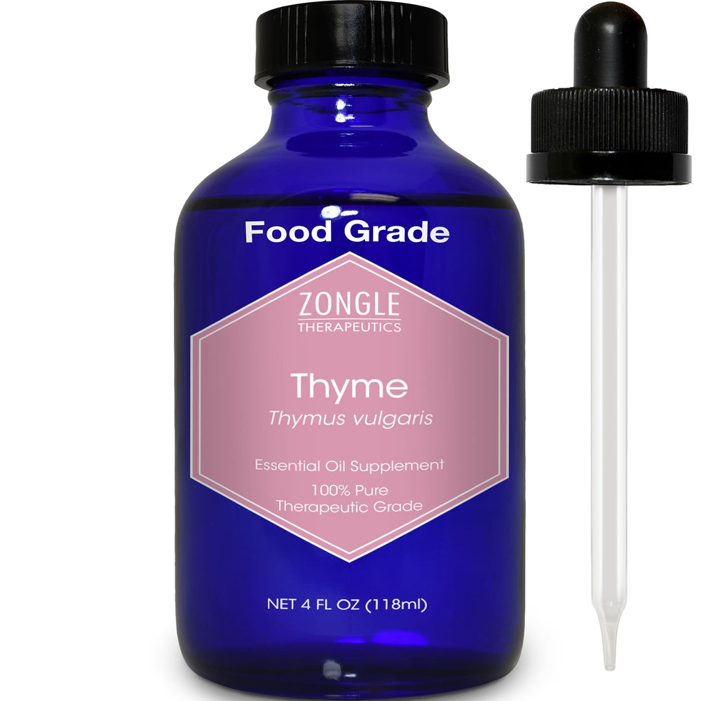 Zongle Therapeutics Thyme Oil bottle showcases 100% pure, food-grade thyme ideal for culinary flavor enhancement