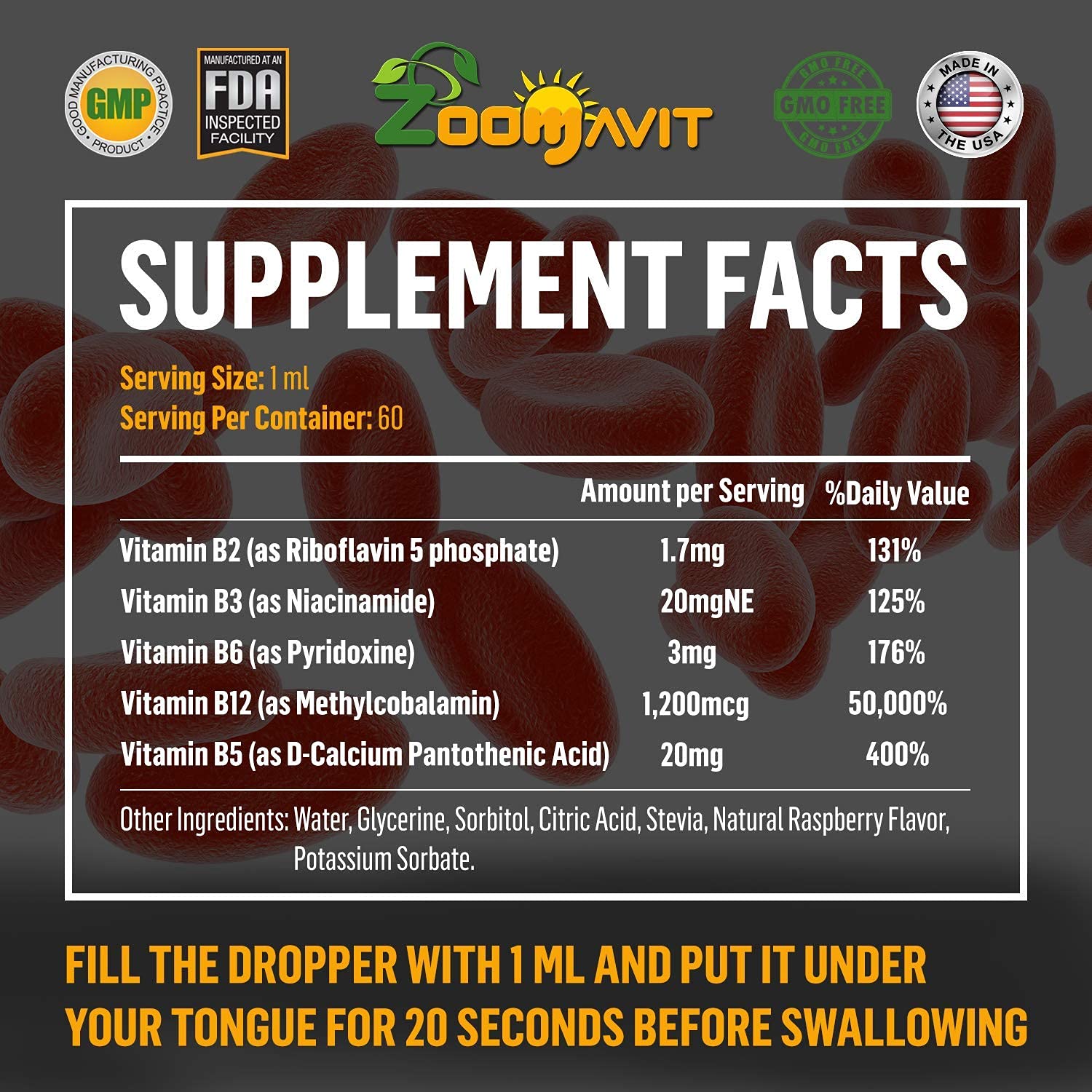 Zoomavit bottle showcases USA-made and non-GMO features.