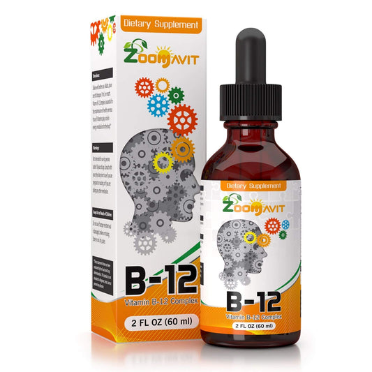 Zoomavit liquid B complex bottle on table for fast absorption and daily energy.