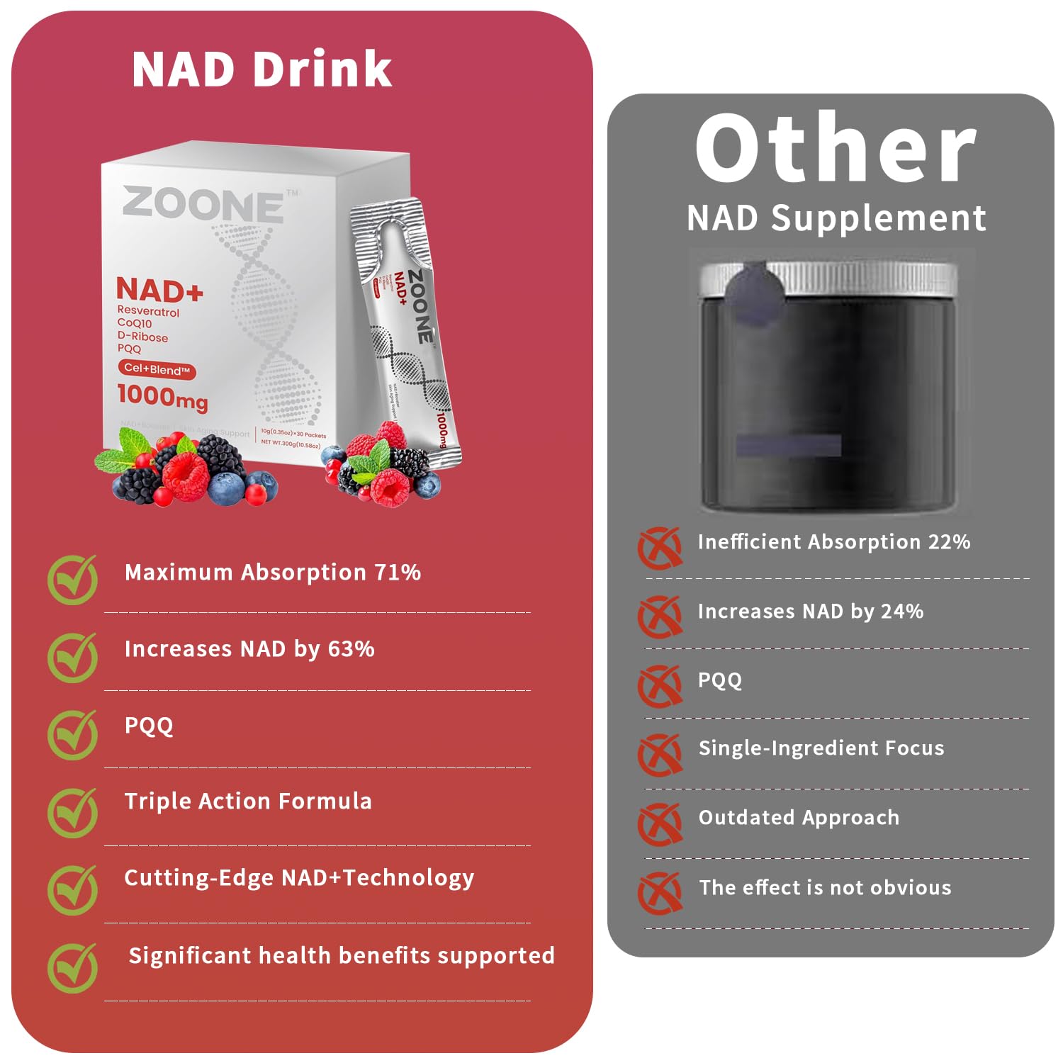 Zoone NAD absorption graphic emphasizes quick uptake and sustained energy