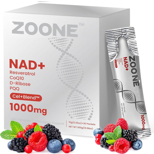 Zoone NAD Resveratrol liquid bottle front showing 1000mg energy support