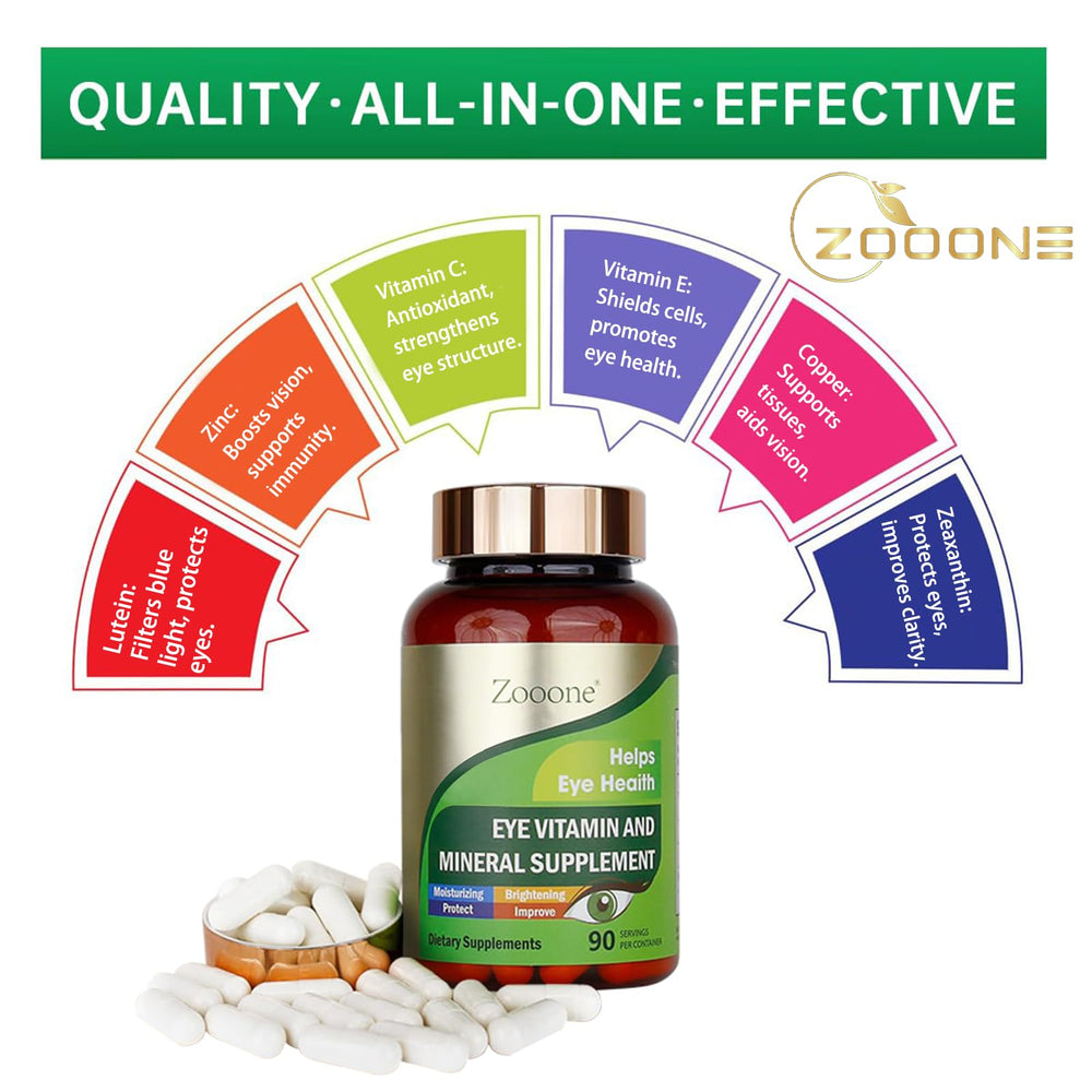 Zooone antioxidant vitamins C and E with minerals for eye resilience.