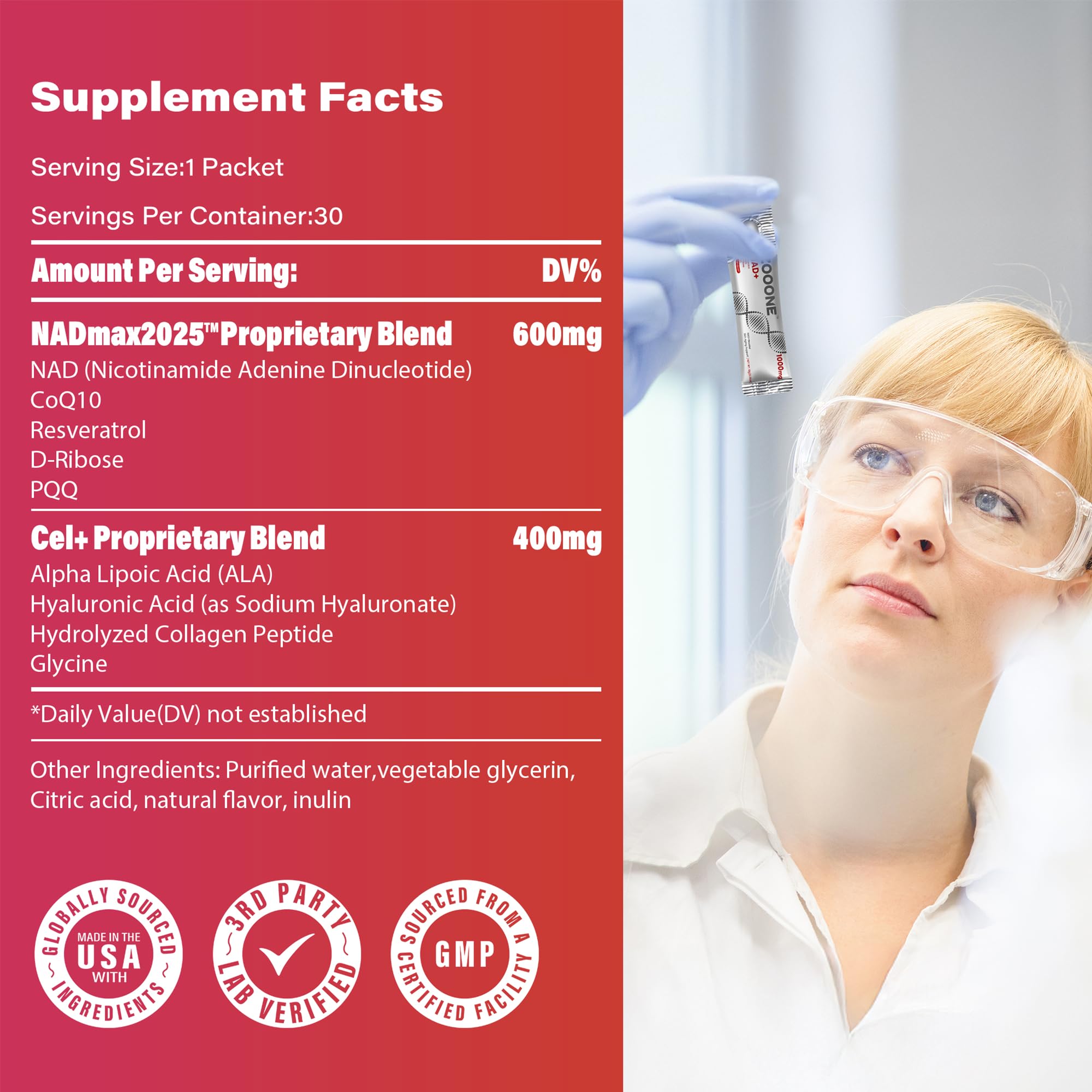 Graphic of Zooone NAD+ ingredients shows NR, resveratrol, and PQQ.