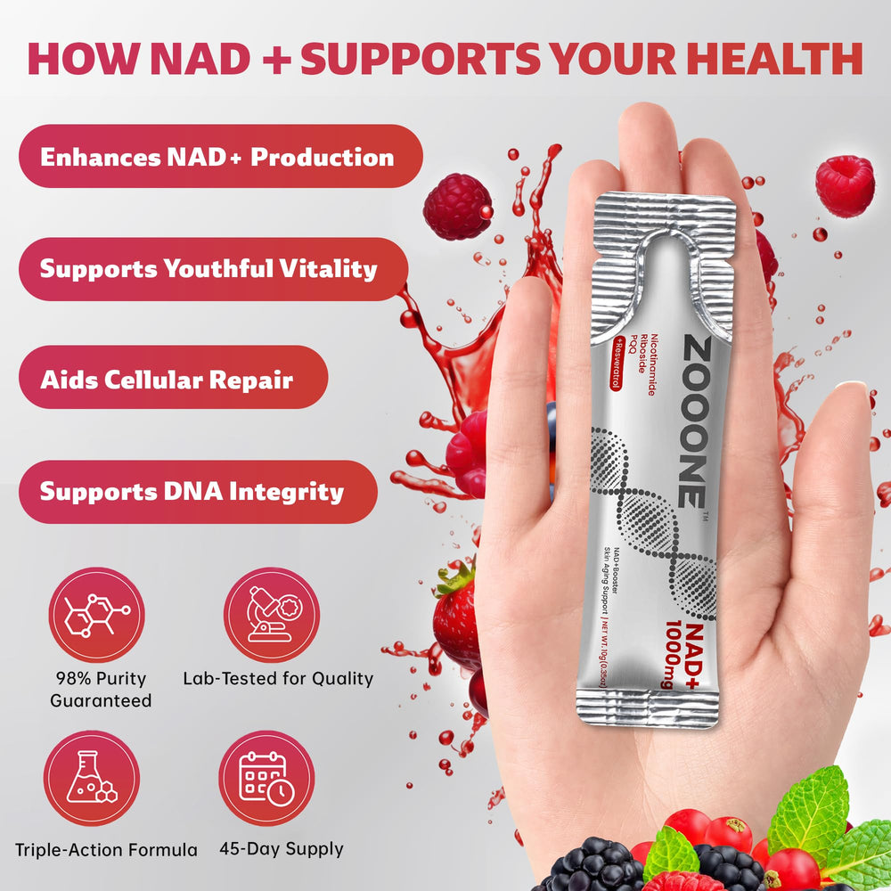 Zooone NAD+ liquid pour demonstrates fast absorption for energy support.