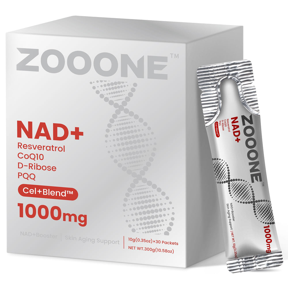 Zooone NAD1000 liquid packets packaging showing premium supplement for daily cellular support