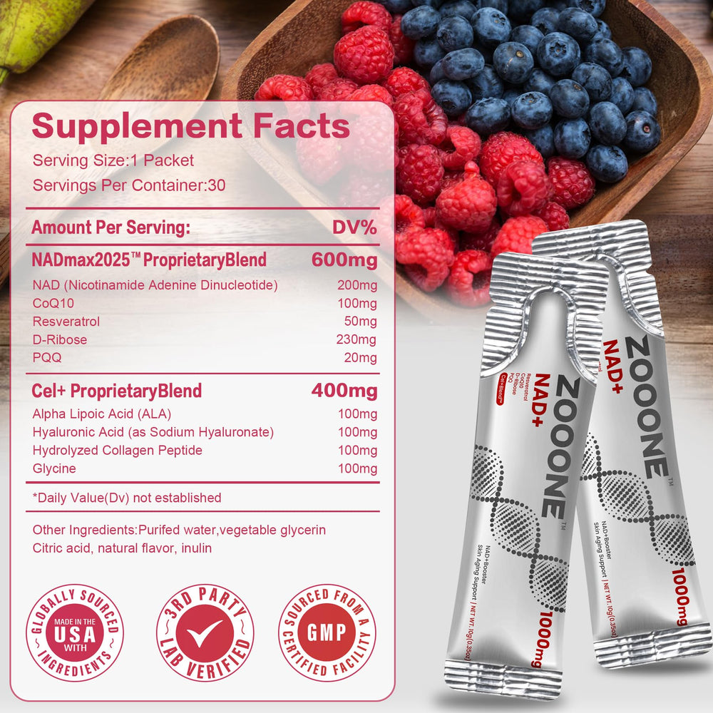 Zooone resveratrol ingredients panel highlights NR, resveratrol, and PQQ.