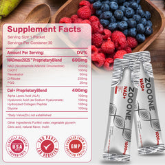 Zooone resveratrol ingredients panel highlights NR, resveratrol, and PQQ.