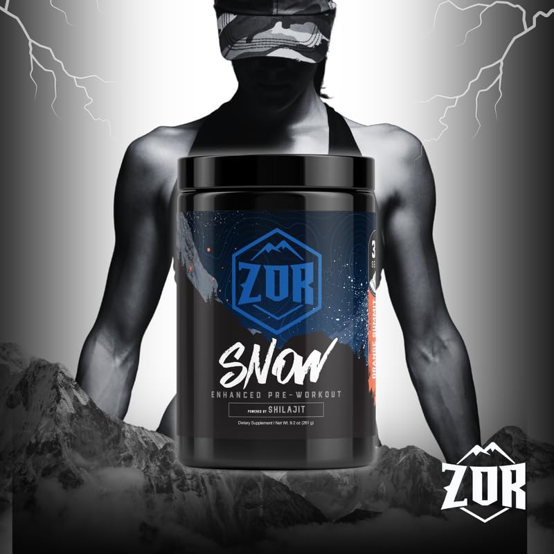 ZOR Labs Snow Advanced Pre-Workout pink burst label highlights sugar-free and non-GMO formula.