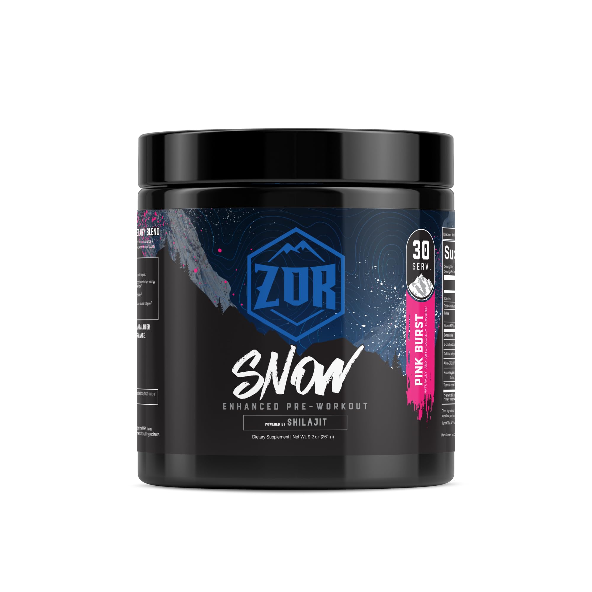 ZOR Labs Snow Advanced Pre-Workout pink burst front view for clean energy and focus.