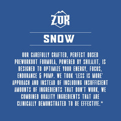 Close‑up of ZOR Snow label emphasizing sugar-free, non-GMO formula.