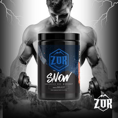 Shaker containing ZOR Snow, illustrating a smooth blend for early morning training.