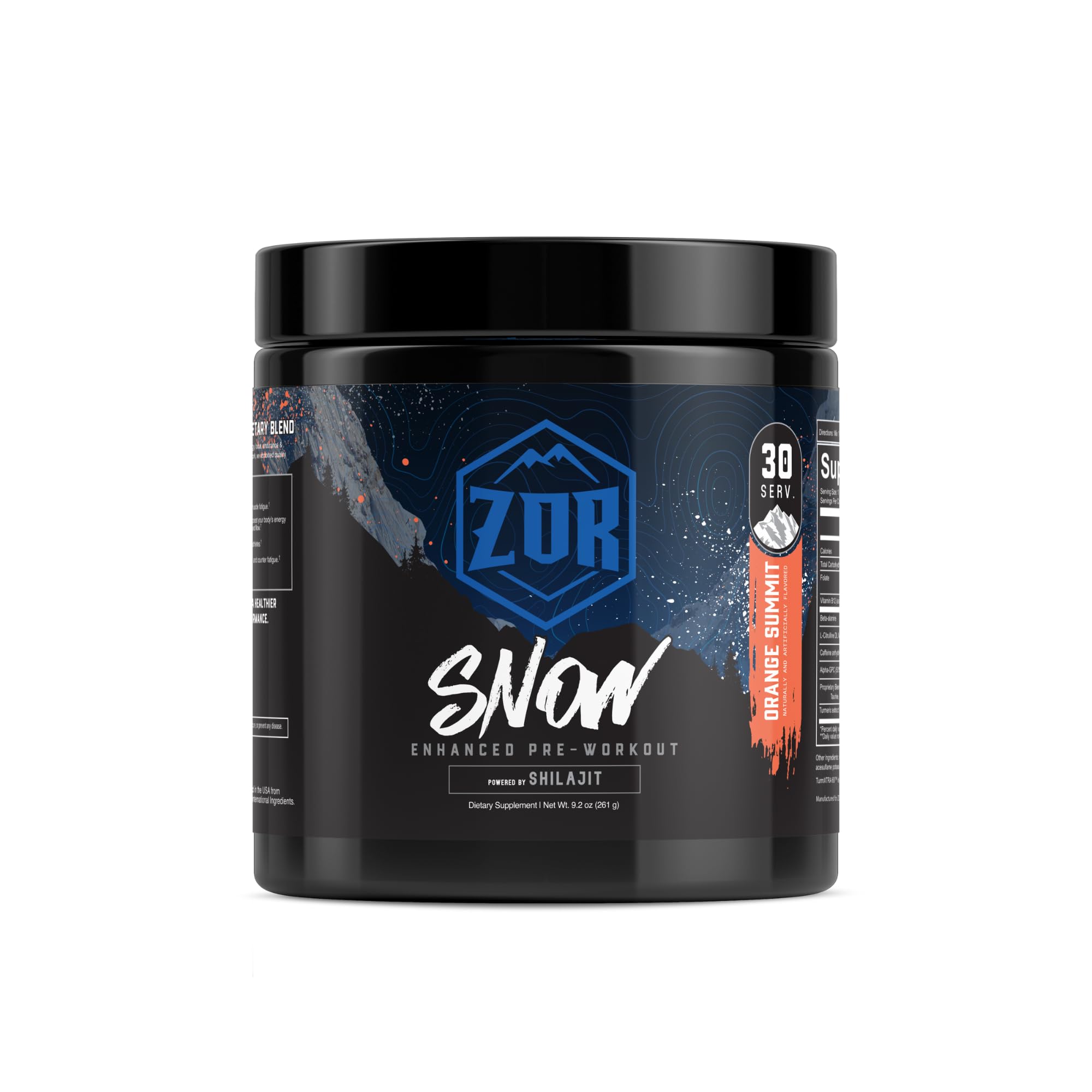 ZOR Snow pre-workout tub with Orange Summit label, highlighting clean energy potential for workouts.