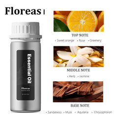 ZORALM Floreas bottle highlights rose and orange top notes for mood diffusion.