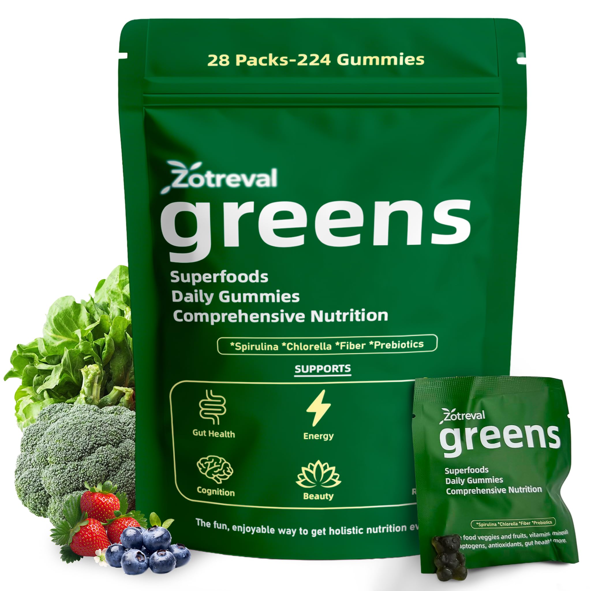 Zotreval Daily Greens gummies bottle front for daily gut support.