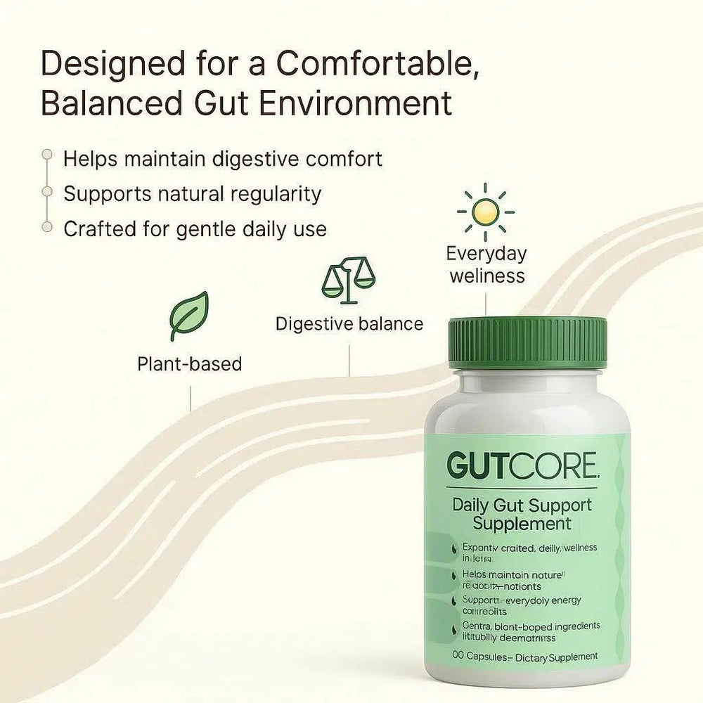 Bottle on countertop suggesting daily wellness integration with GutCore.