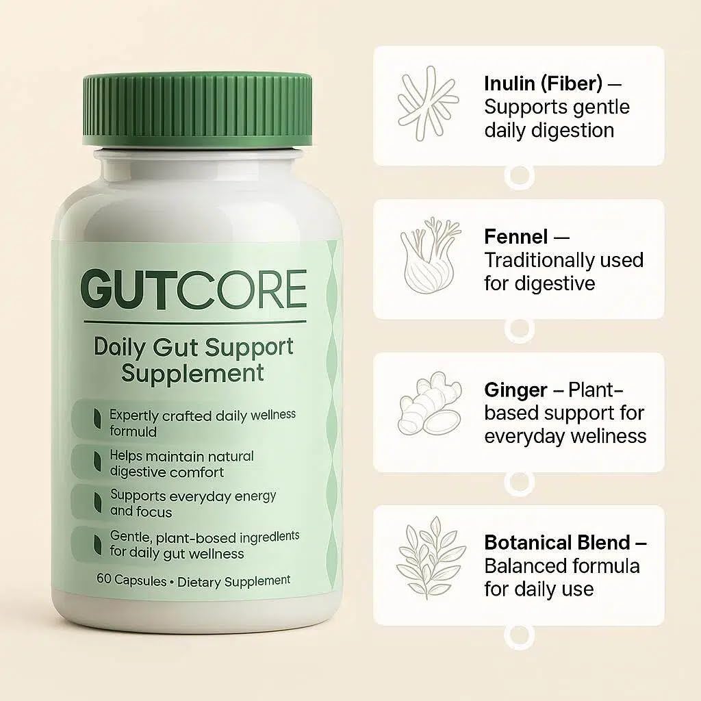 Front label of Zotreval GutCore bottle emphasizing balanced fiber blend.