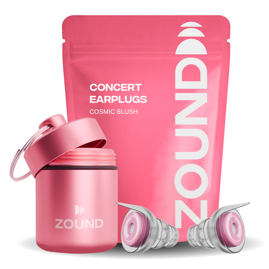 Zound Cosmic Blush concert earplugs in case, portable protection for live shows.