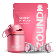 Zound Cosmic Blush concert earplugs in case, portable protection for live shows.