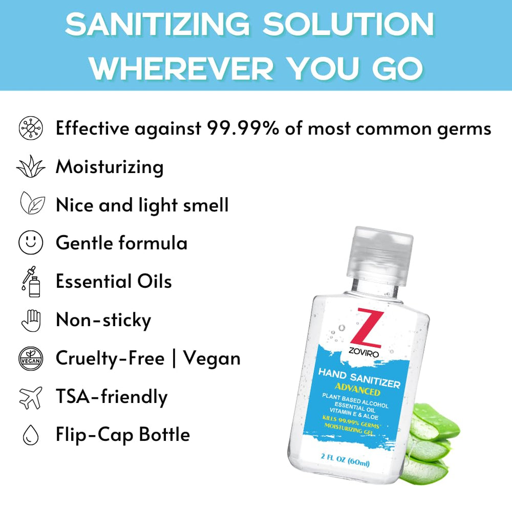 Zoviro hand sanitizer 2oz bottle label highlighting aloe and essential oils