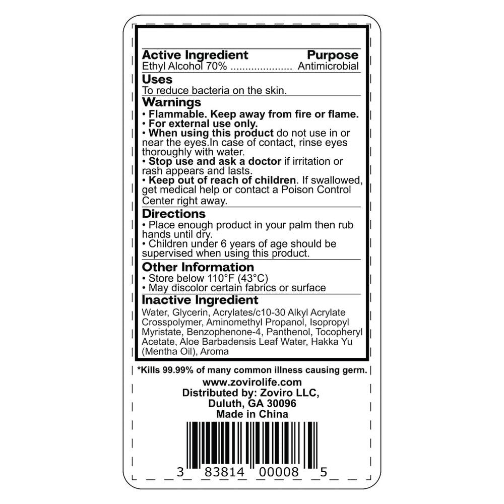Zoviro hand sanitizer being rubbed on hands for quick rinse-free protection