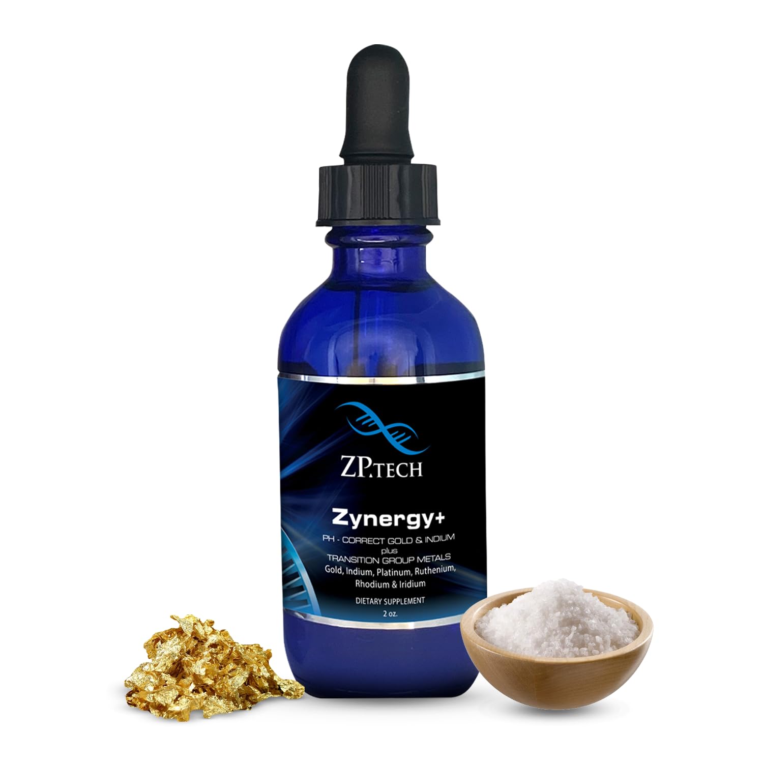 ZP.TECH Zynergy Plus bottle shows 24K gold colloid formula for focus and meditation