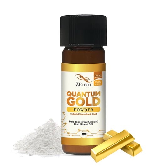 ZP.TECH Quantum Gold bottle showing 24K Ormus powder for energy balance