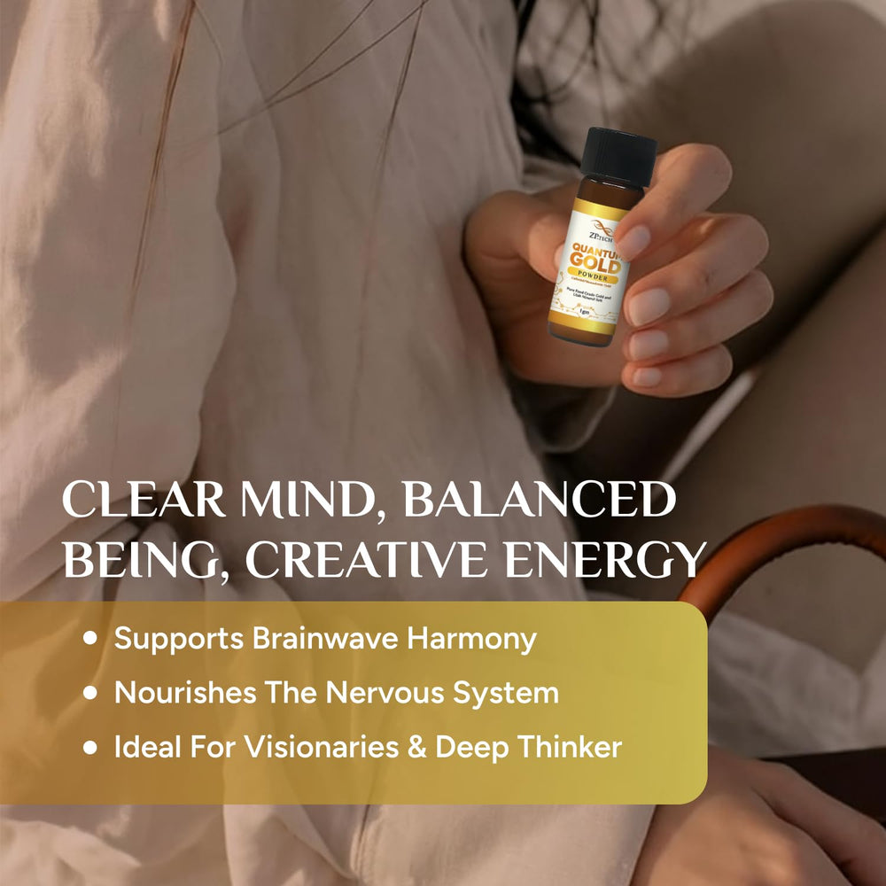 ZP.TECH Quantum Gold pour-spoon suggesting ritual use during meditation