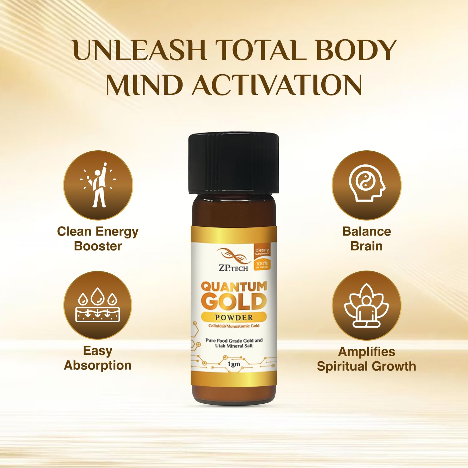ZP.TECH Quantum Gold powder closeup highlighting monoatomic particles and clarity