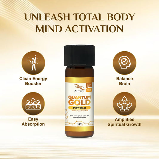 ZP.TECH Quantum Gold powder closeup highlighting monoatomic particles and clarity